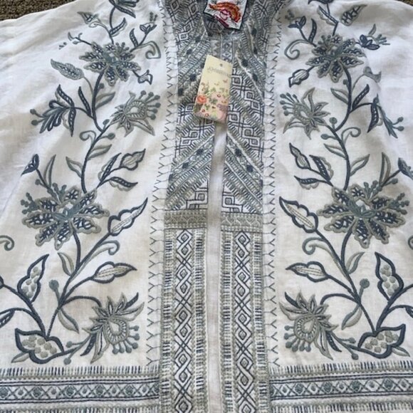 JOHNNY WAS Maike Embroidered Linen Kimono Sz SMALL Blue White Pockets New W/Tags - Picture 3 of 7